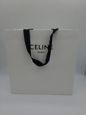 CELINE PARIS Large White Shopping Gift Bag Black Ribbon Handles 16" Luxury EUC